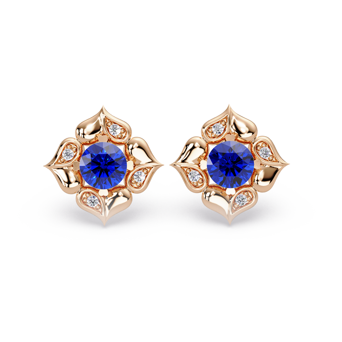 0.5 CTW round floral colorstone stud earrings, Sapphire Blue, Rose gold
