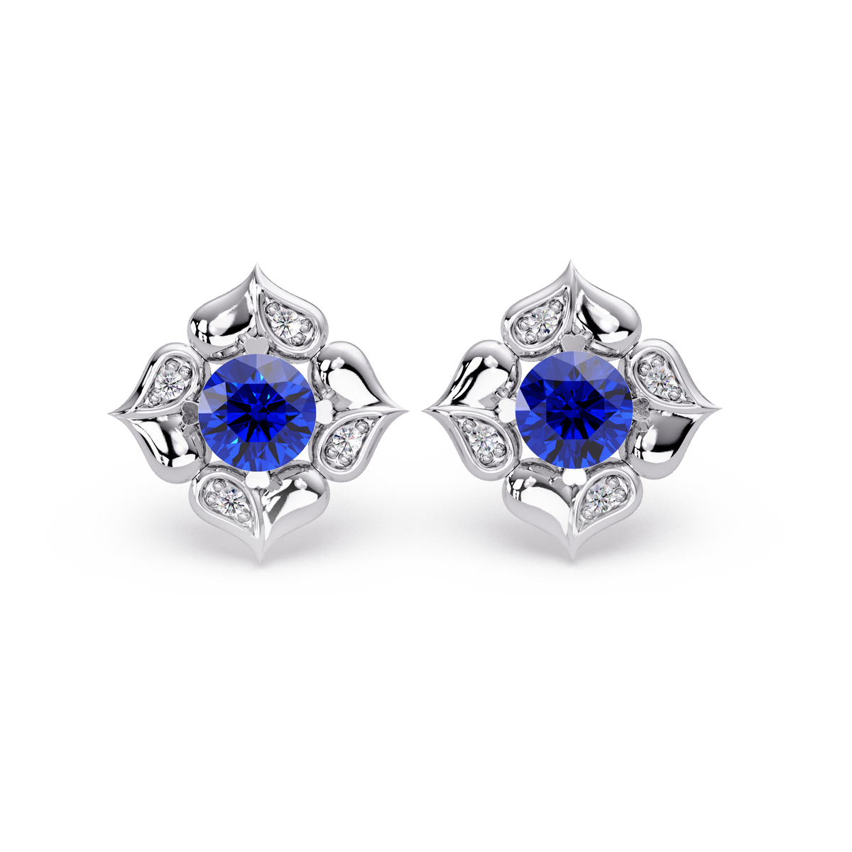0.5 CTW round floral colorstone stud earrings, Sapphire Blue, White gold