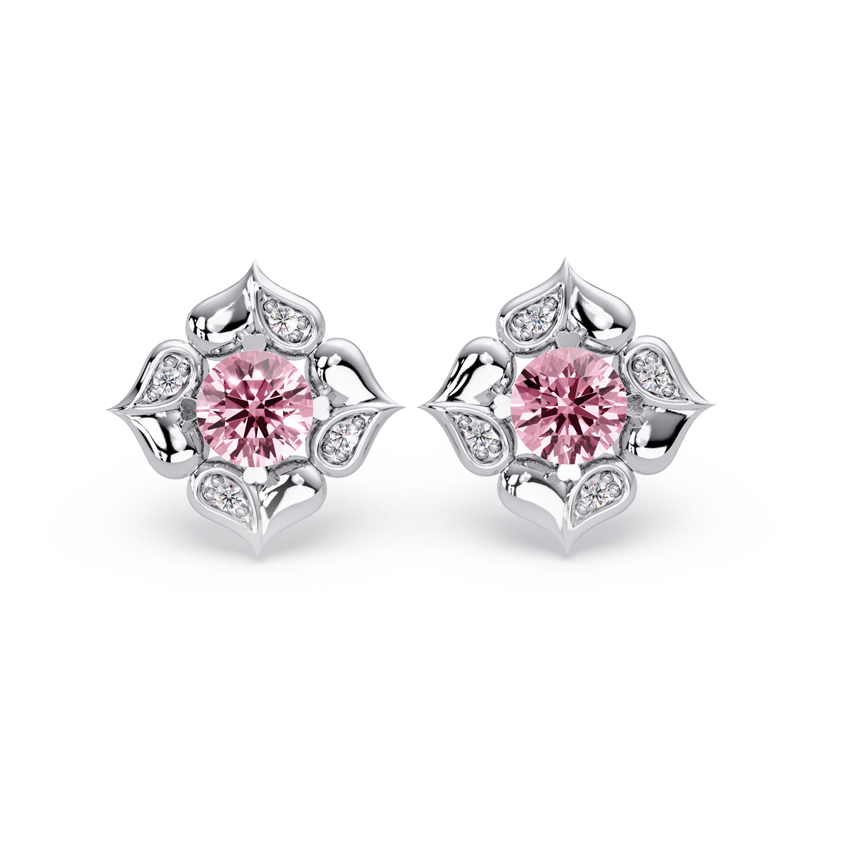 0.5 CTW round floral colorstone stud earrings, Tourmaline Pink, White gold