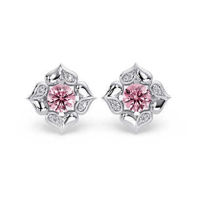 0.5 CTW round floral colorstone stud earrings, Tourmaline Pink, White gold