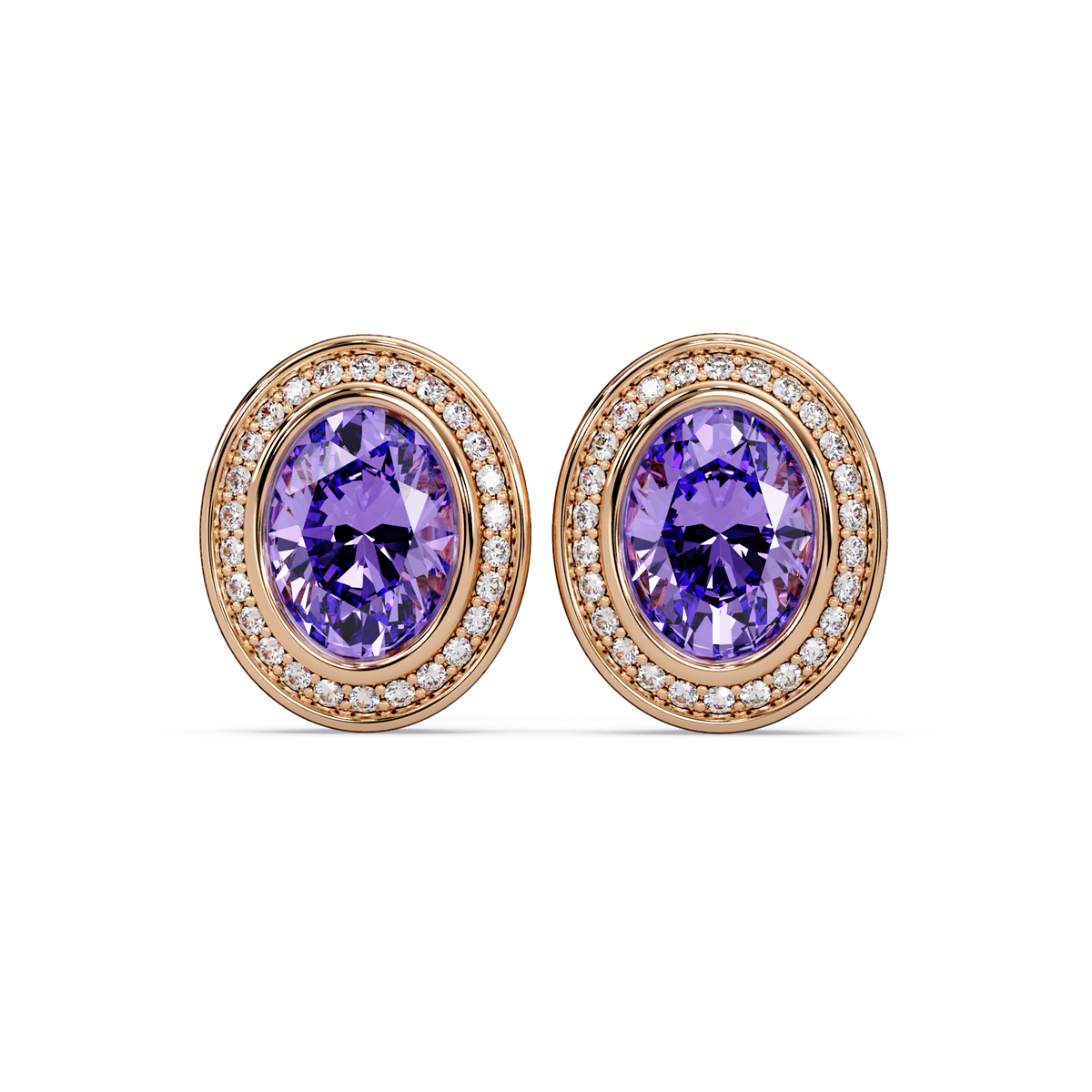 2.6 CTW oval halo colorstone stud earrings, Amethyst Purple, Rose gold