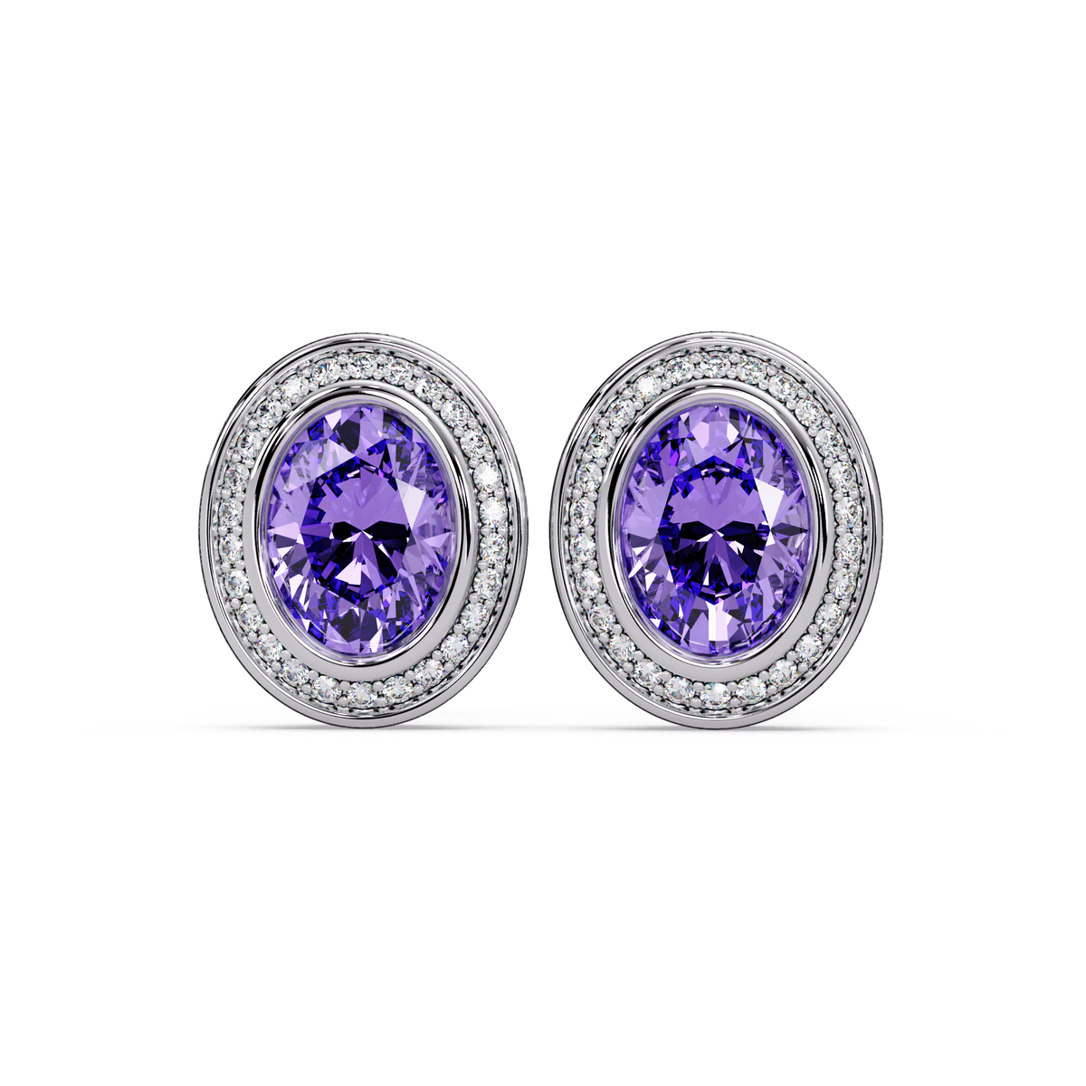 2.6 CTW oval halo colorstone stud earrings, Amethyst Purple, White gold