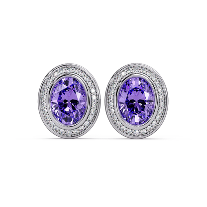 2.6 CTW oval halo colorstone stud earrings, Amethyst Purple, White gold