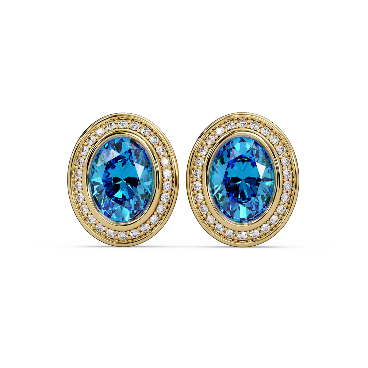 2.6 CTW oval halo colorstone stud earrings, Aquamarine Blue, Gold