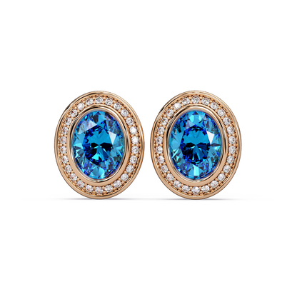 2.6 CTW oval halo colorstone stud earrings, Aquamarine Blue, Rose gold