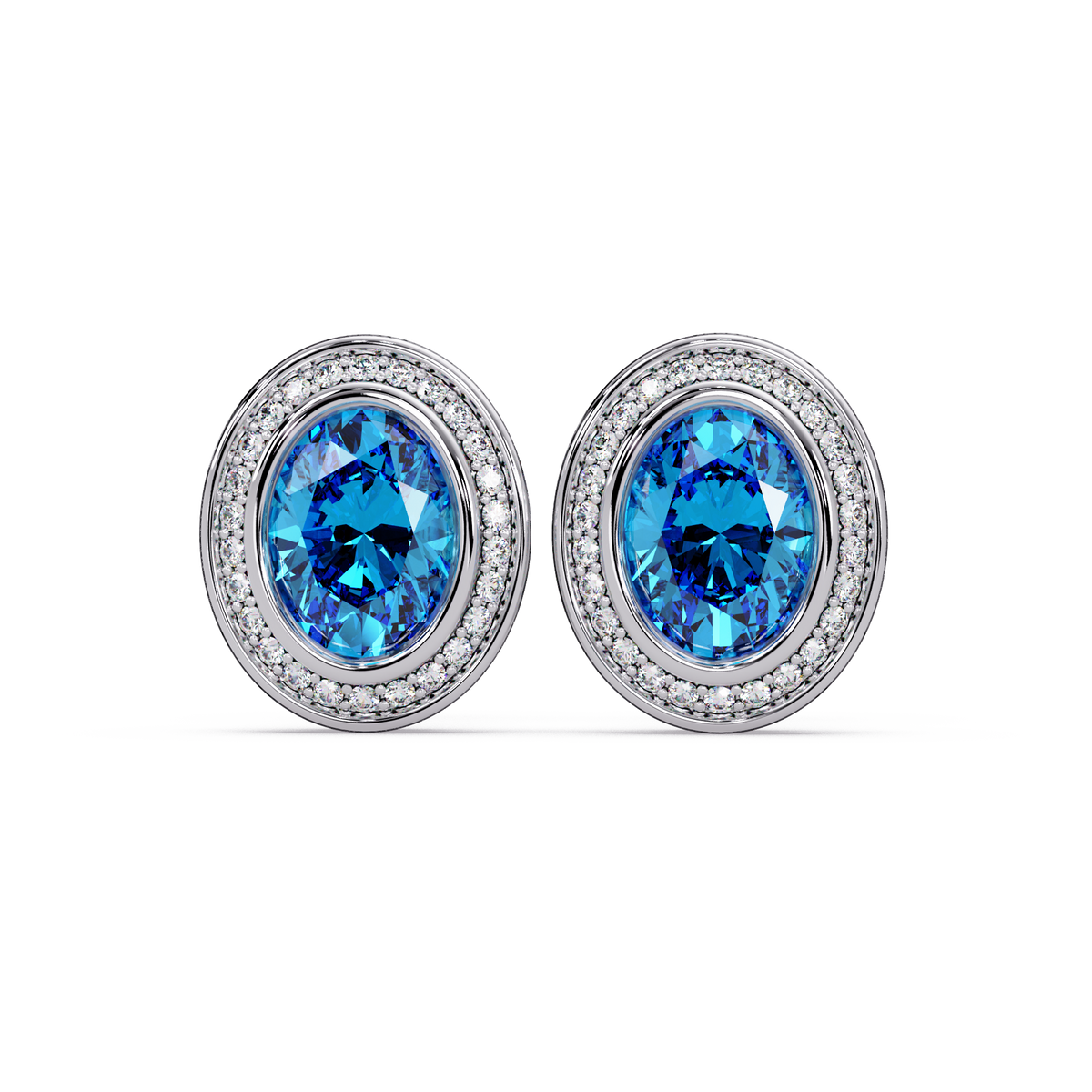 2.6 CTW oval halo colorstone stud earrings, Aquamarine Blue, White gold