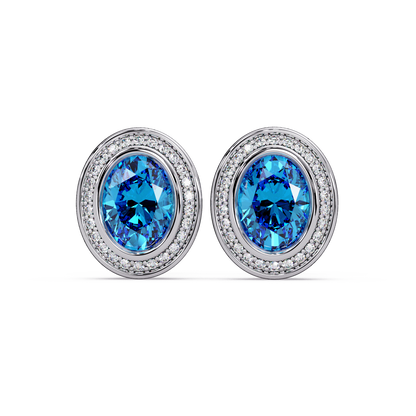 2.6 CTW oval halo colorstone stud earrings, Aquamarine Blue, White gold