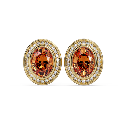2.6 CTW oval halo colorstone stud earrings, Champagne Topaz, Gold