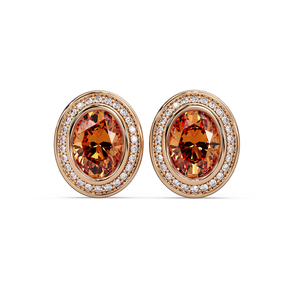 2.6 CTW oval halo colorstone stud earrings, Champagne Topaz, Rose gold