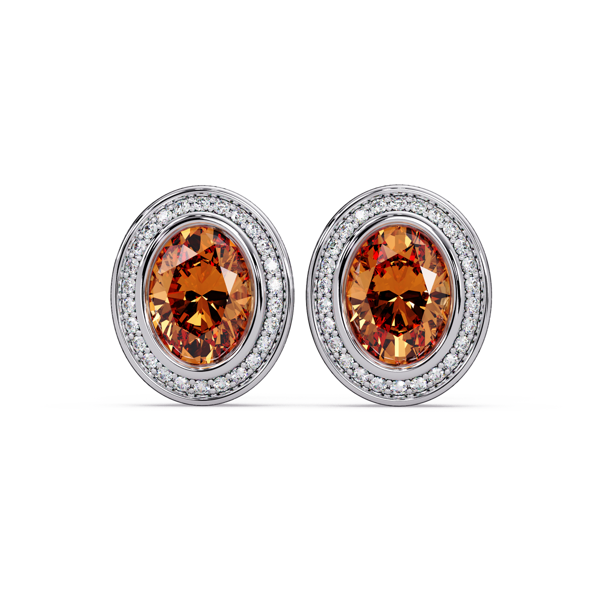 2.6 CTW oval halo colorstone stud earrings, Champagne Topaz, White gold