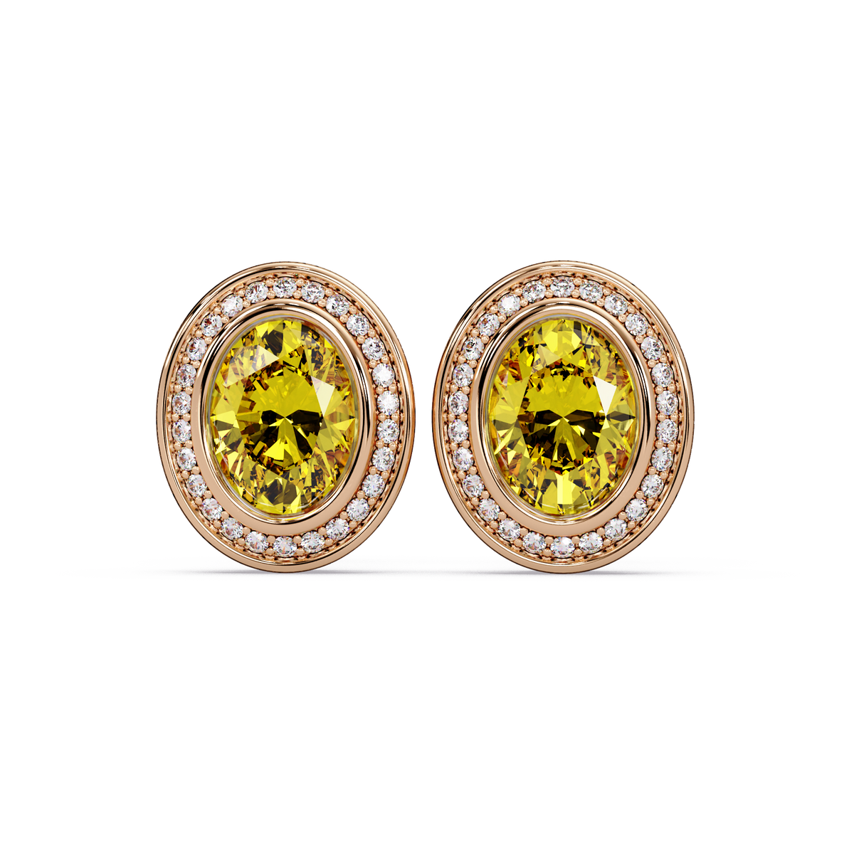 2.6 CTW oval halo colorstone stud earrings, Citrine Yellow, Rose gold