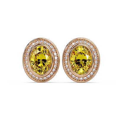 2.6 CTW oval halo colorstone stud earrings, Citrine Yellow, Rose gold
