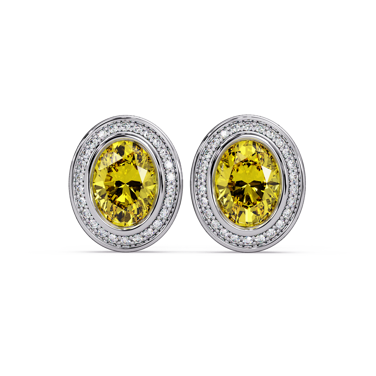 2.6 CTW oval halo colorstone stud earrings, Citrine Yellow, White gold