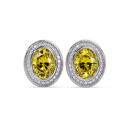 2.6 CTW oval halo colorstone stud earrings, Citrine Yellow, White gold
