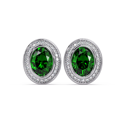 2.6 CTW oval halo colorstone stud earrings, Emerald Green, White gold