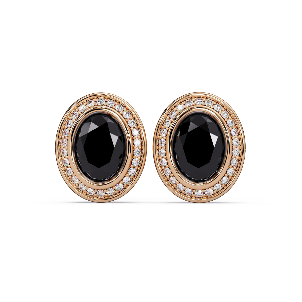 2.6 CTW oval halo colorstone stud earrings, Onyx, Rose gold