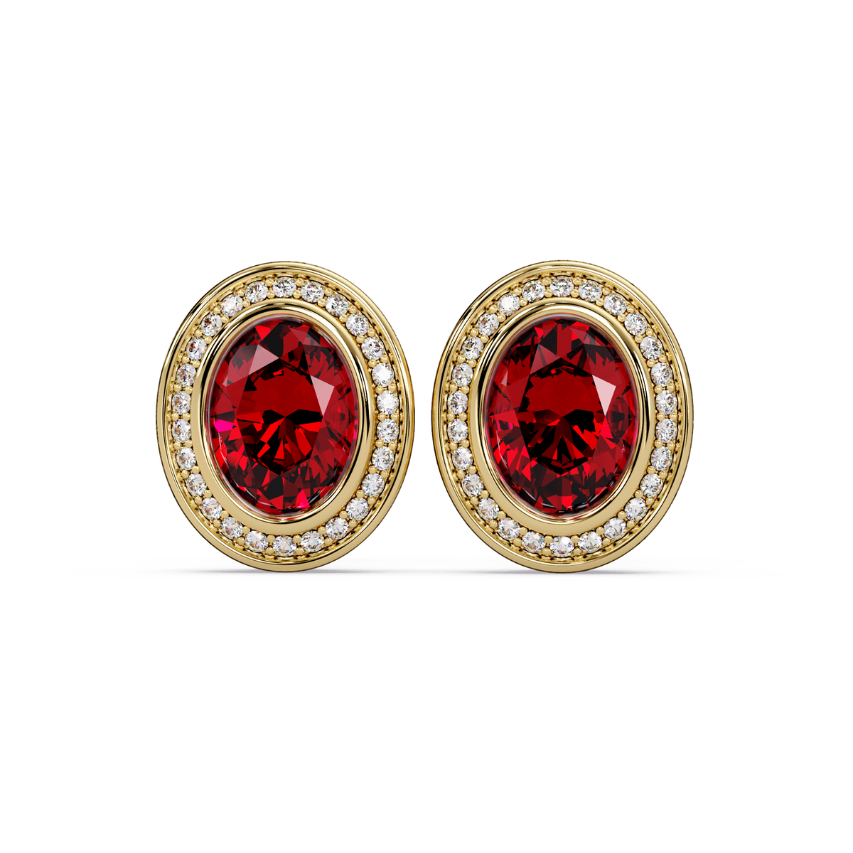 2.6 CTW oval halo colorstone stud earrings, Ruby Red, Gold