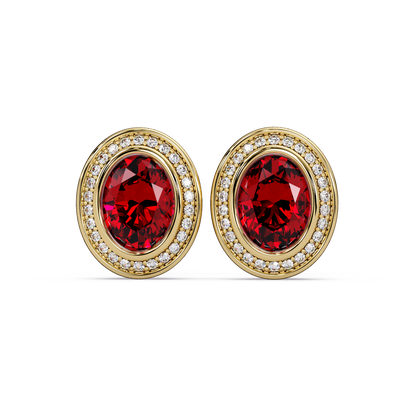 2.6 CTW oval halo colorstone stud earrings, Ruby Red, Gold