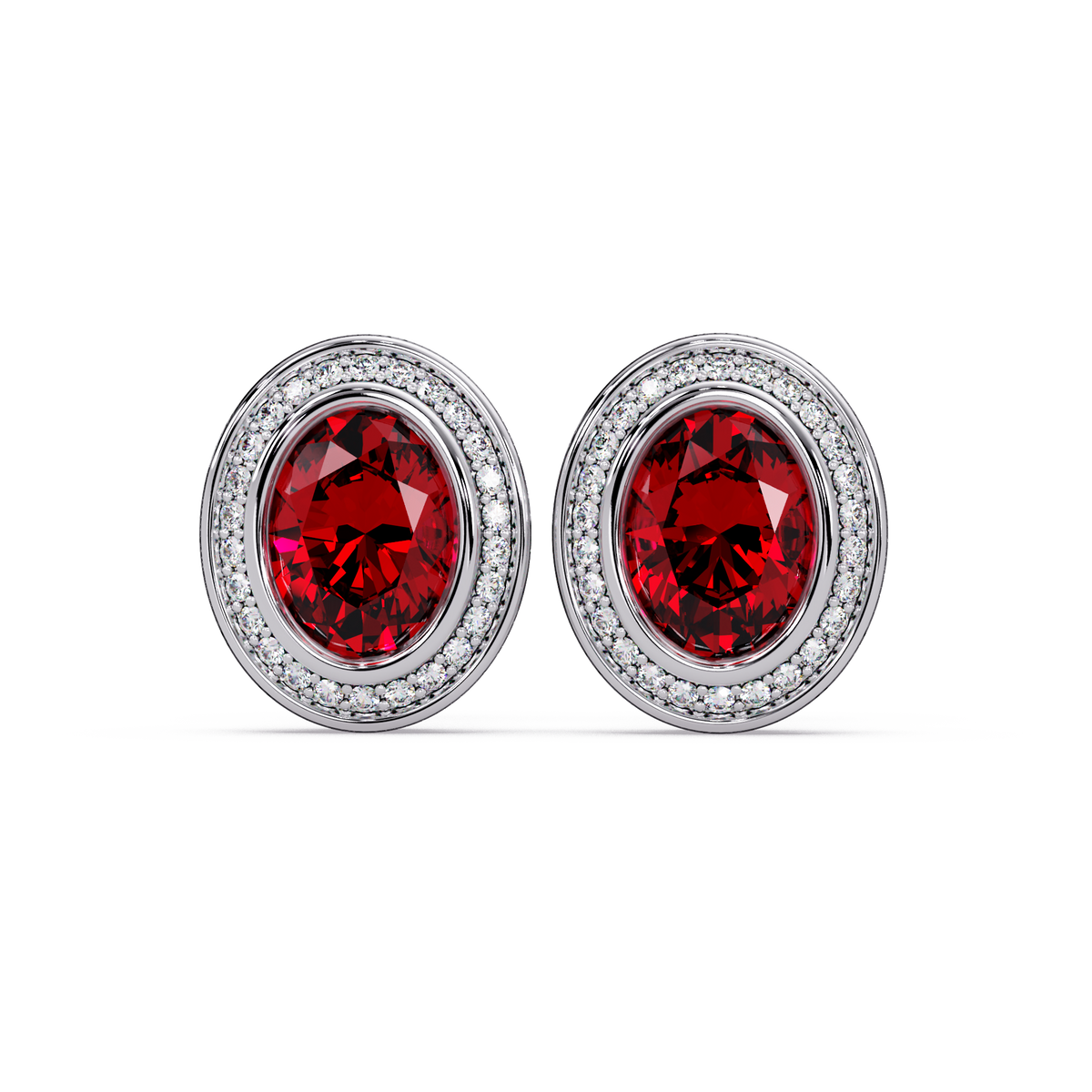 2.6 CTW oval halo colorstone stud earrings, Ruby Red, White gold