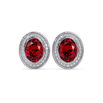 2.6 CTW oval halo colorstone stud earrings, Ruby Red, White gold