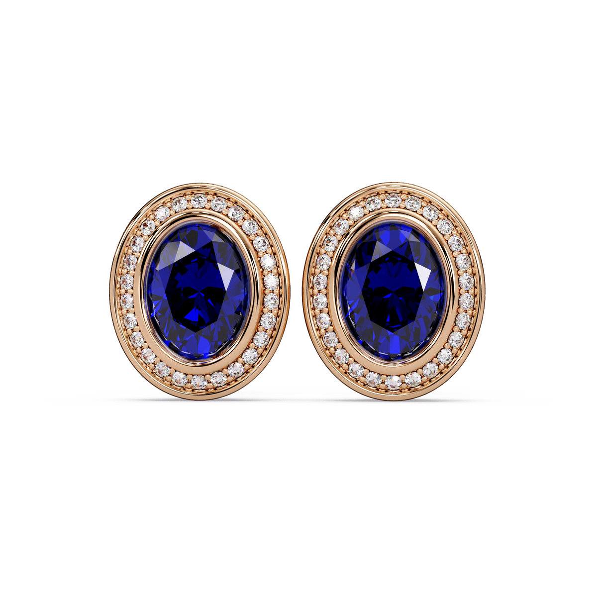 2.6 CTW oval halo colorstone stud earrings, Sapphire Blue, Rose gold