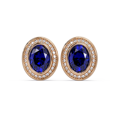 2.6 CTW oval halo colorstone stud earrings, Sapphire Blue, Rose gold