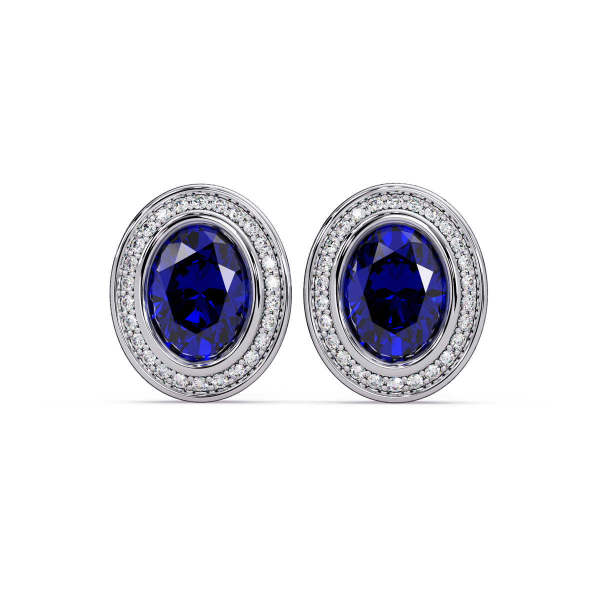 2.6 CTW oval halo colorstone stud earrings, Sapphire Blue, White gold