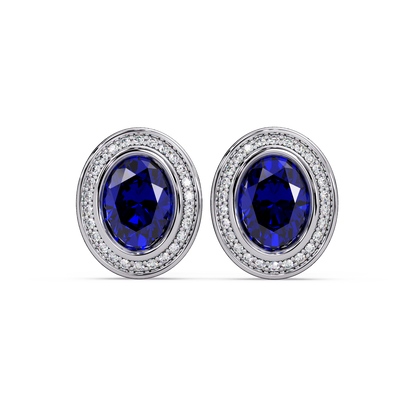 2.6 CTW oval halo colorstone stud earrings, Sapphire Blue, White gold
