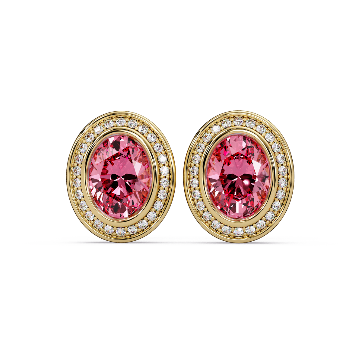 2.6 CTW oval halo colorstone stud earrings, Tourmaline Pink, Gold