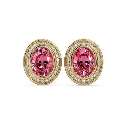2.6 CTW oval halo colorstone stud earrings, Tourmaline Pink, Gold