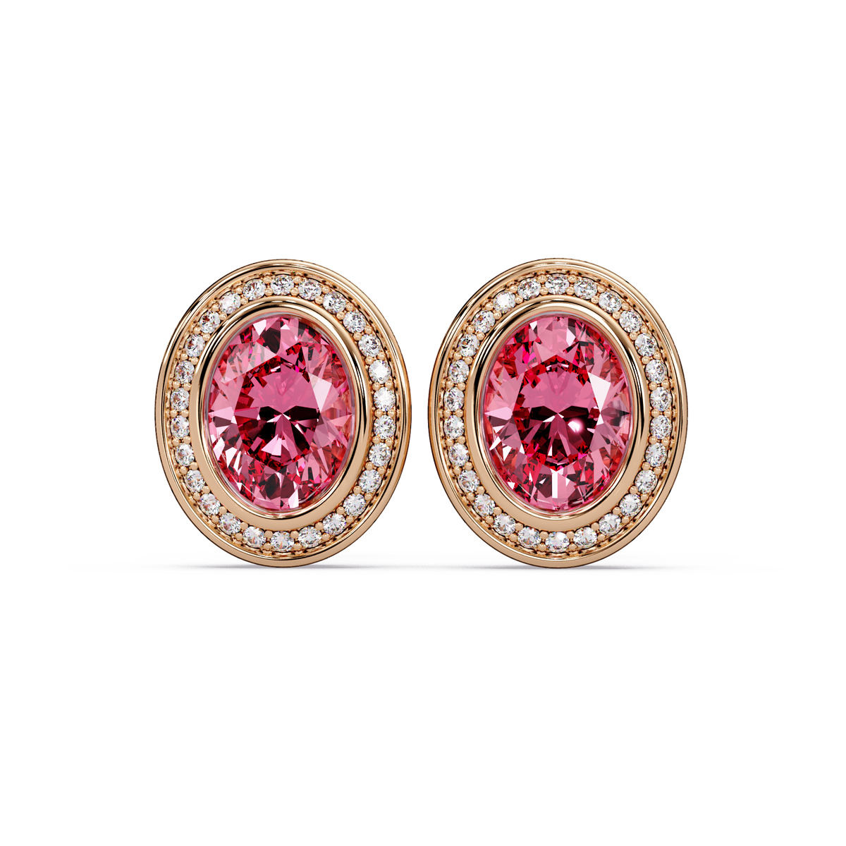 2.6 CTW oval halo colorstone stud earrings, Tourmaline Pink, Rose gold