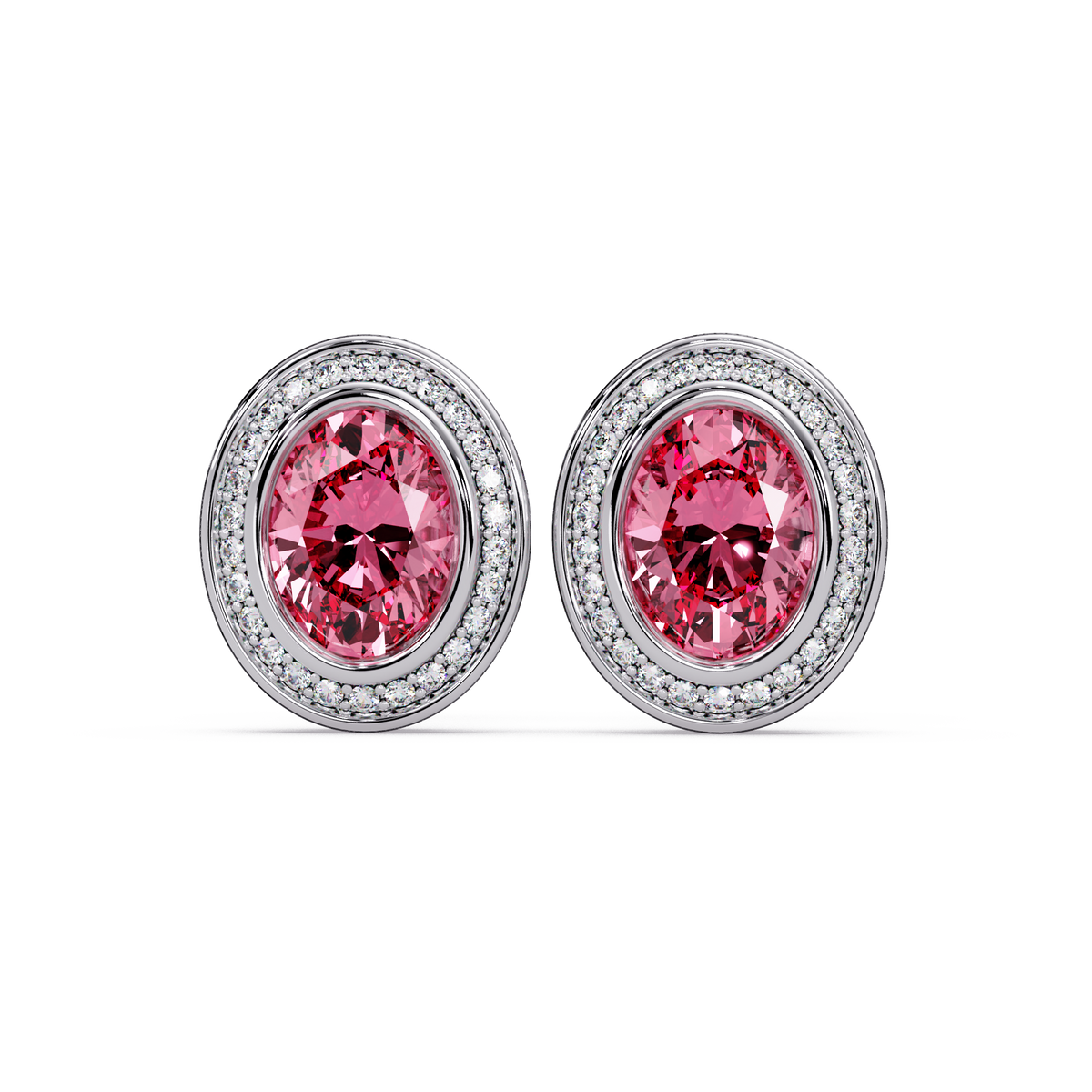 2.6 CTW oval halo colorstone stud earrings, Tourmaline Pink, White gold