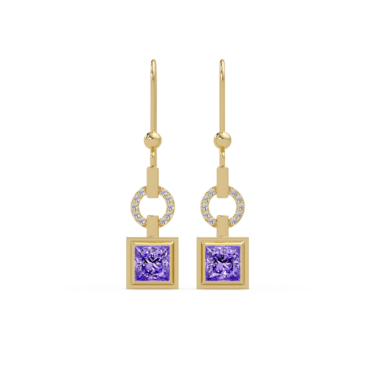 1.5 CTW princess-cut colorstone drop earrings in Gold, Amethyst Purple