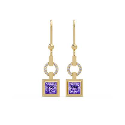 1.5 CTW princess-cut colorstone drop earrings in Gold, Amethyst Purple