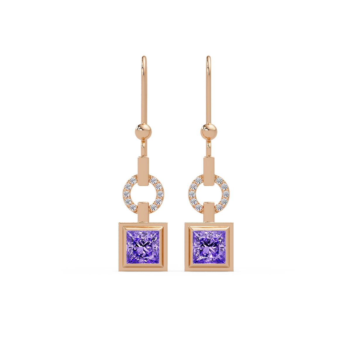 1.5 CTW princess-cut colorstone drop earrings in Rose gold, Amethyst Purple