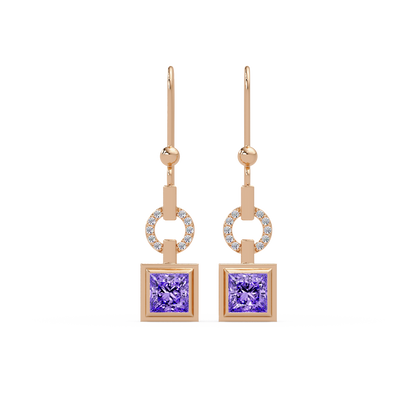 1.5 CTW princess-cut colorstone drop earrings in Rose gold, Amethyst Purple