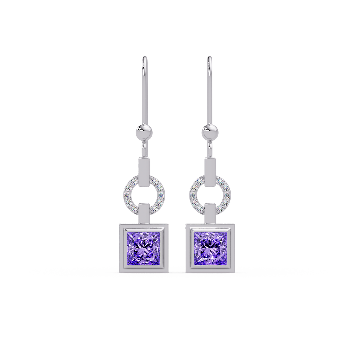 1.5 CTW princess-cut colorstone drop earrings in White gold, Amethyst Purple