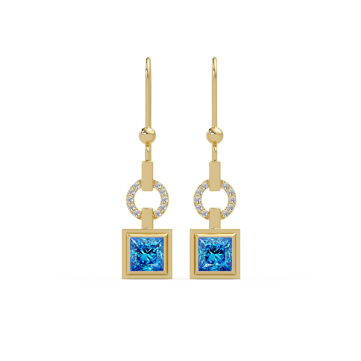 1.5 CTW princess-cut colorstone drop earrings in Gold, Aquamarine Blue