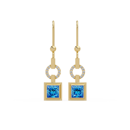 1.5 CTW princess-cut colorstone drop earrings in Gold, Aquamarine Blue
