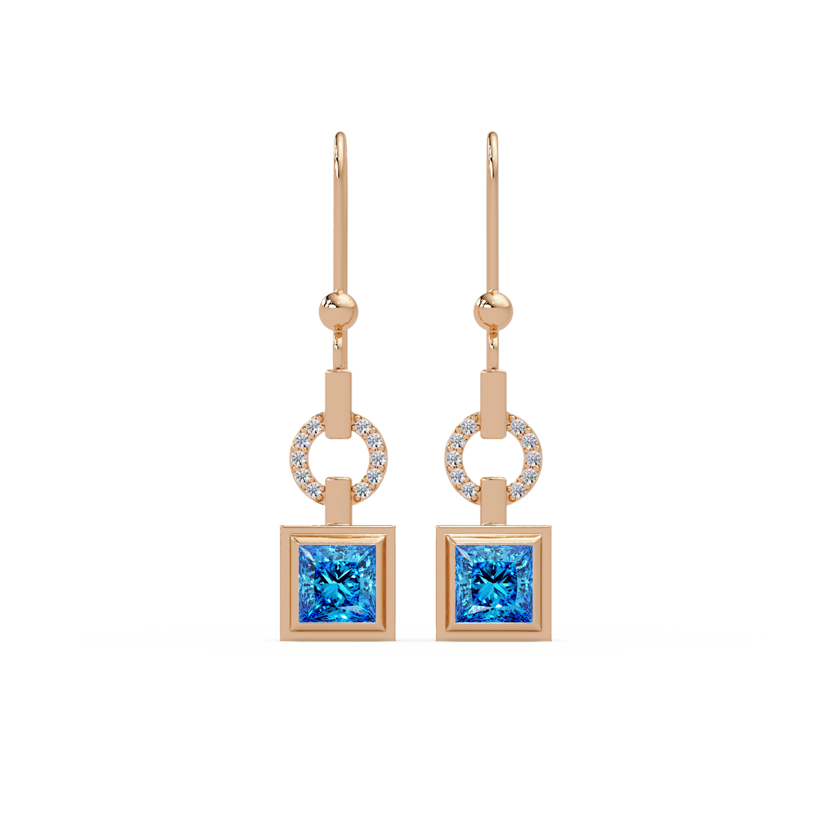 1.5 CTW princess-cut colorstone drop earrings in Rose gold, Aquamarine Blue