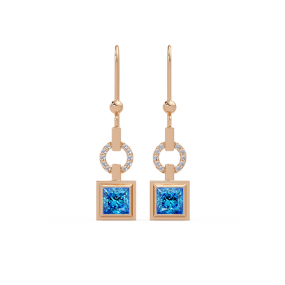 1.5 CTW princess-cut colorstone drop earrings in Rose gold, Aquamarine Blue