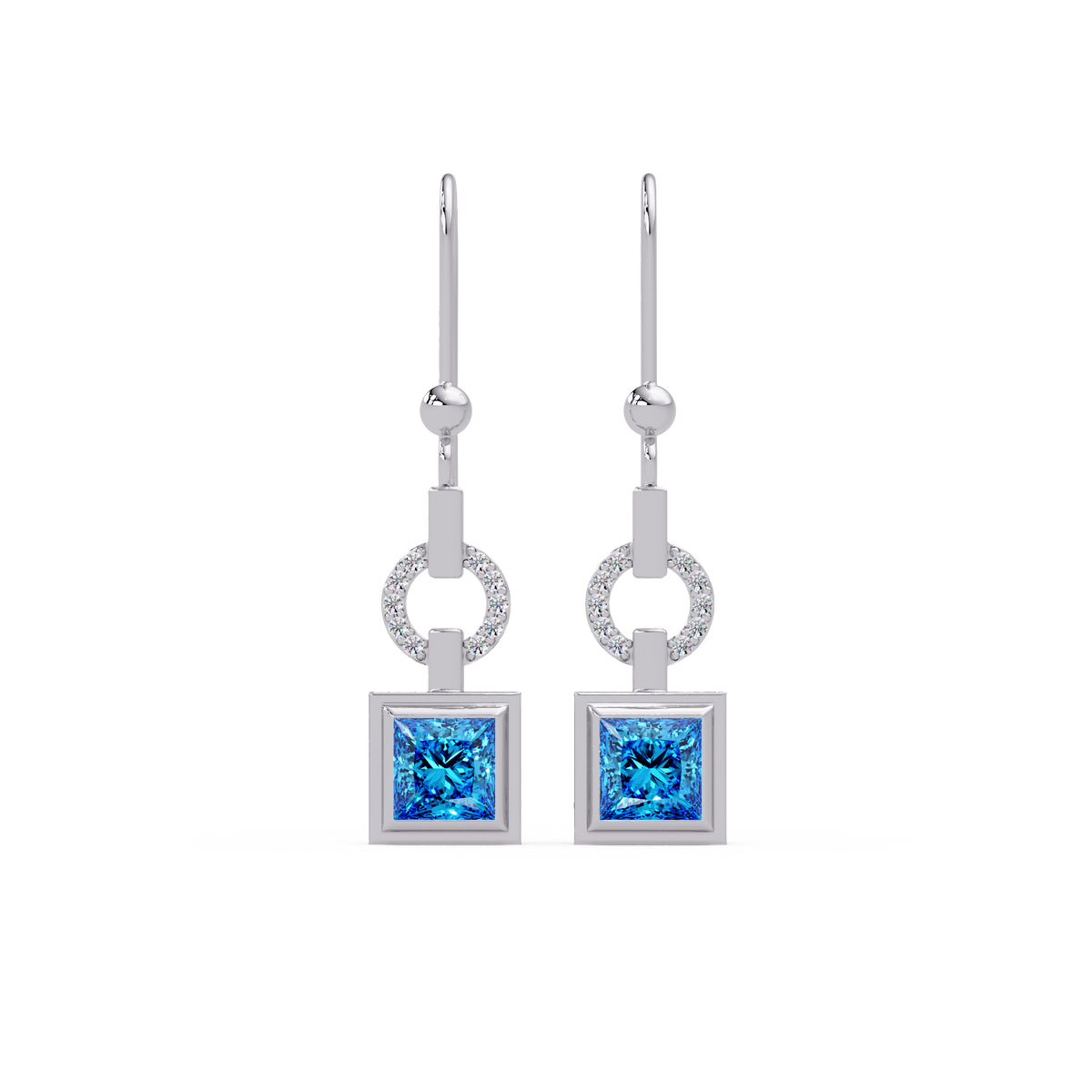 1.5 CTW princess-cut colorstone drop earrings in White gold, Aquamarine Blue