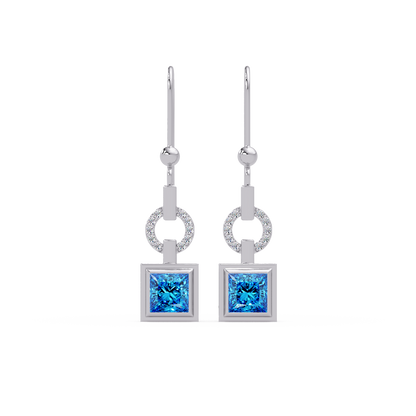 1.5 CTW princess-cut colorstone drop earrings in White gold, Aquamarine Blue