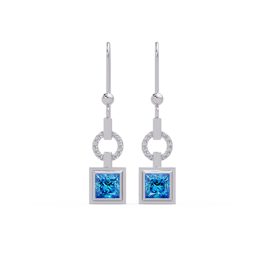 1.5 CTW princess-cut colorstone drop earrings in White gold, Aquamarine Blue