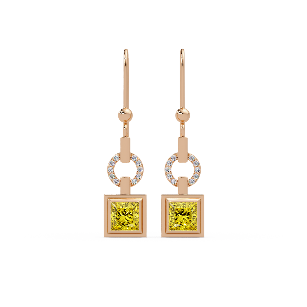 1.5 CTW princess-cut colorstone drop earrings in Rose gold, Citrine Yellow