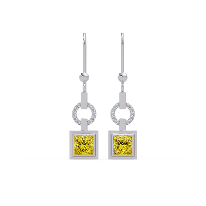 1.5 CTW princess-cut colorstone drop earrings in White gold, Citrine Yellow