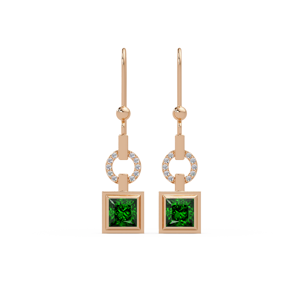 1.5 CTW princess-cut colorstone drop earrings in Rose gold, Emerald Green