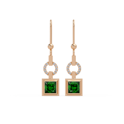 1.5 CTW princess-cut colorstone drop earrings in Rose gold, Emerald Green