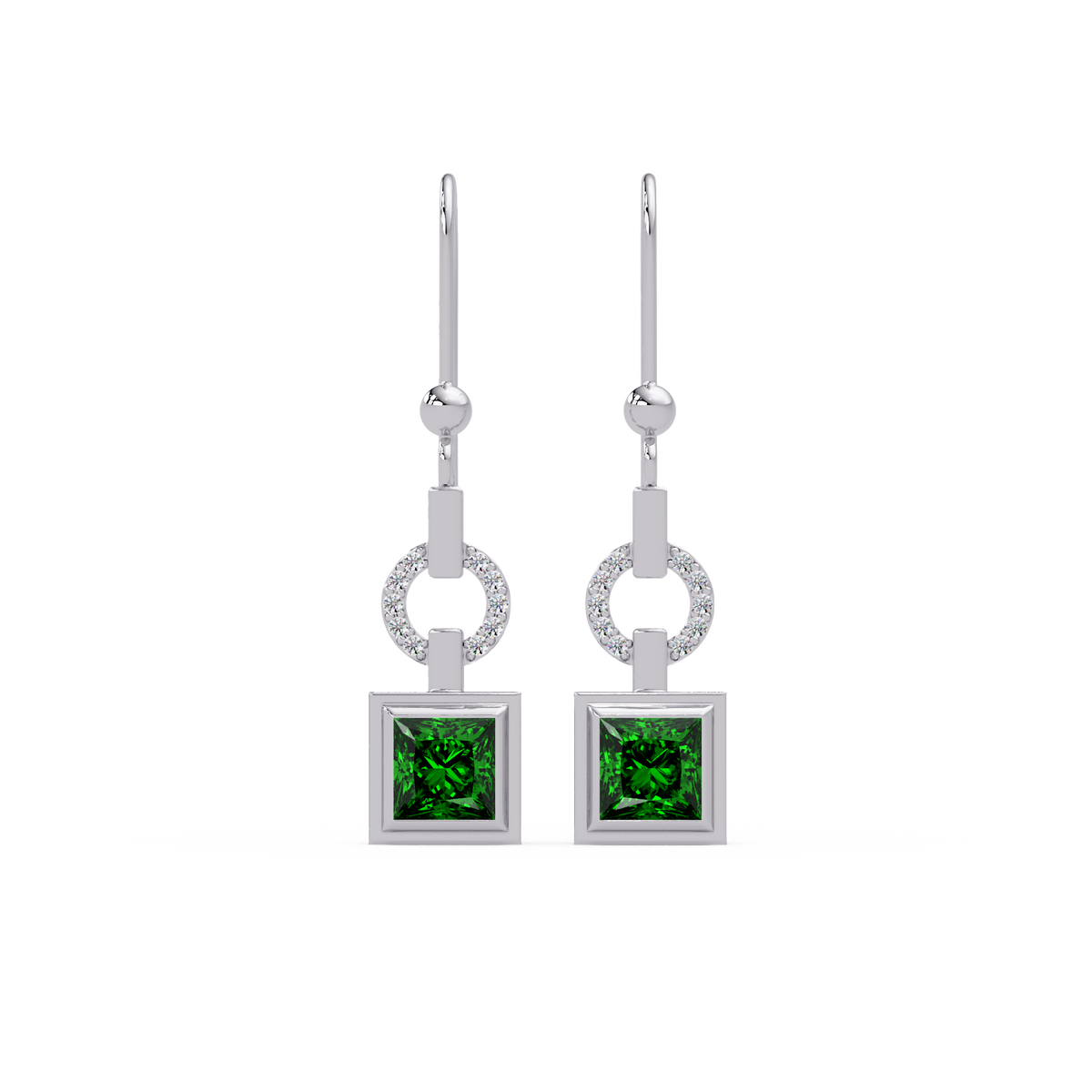 1.5 CTW princess-cut colorstone drop earrings in White gold, Emerald Green