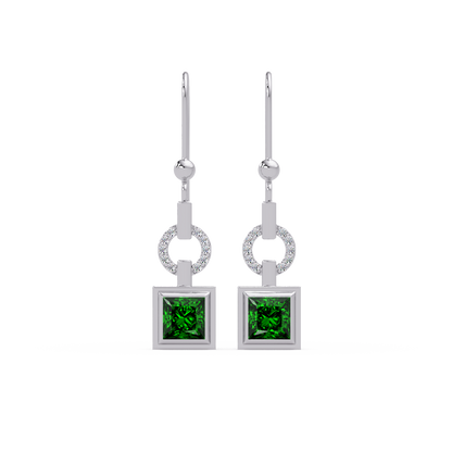 1.5 CTW princess-cut colorstone drop earrings in White gold, Emerald Green
